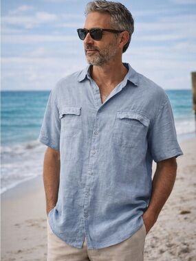 Bruno NY Linen Button Down Blue Short Sleeve Medium Coastal Resortwear Dadcore